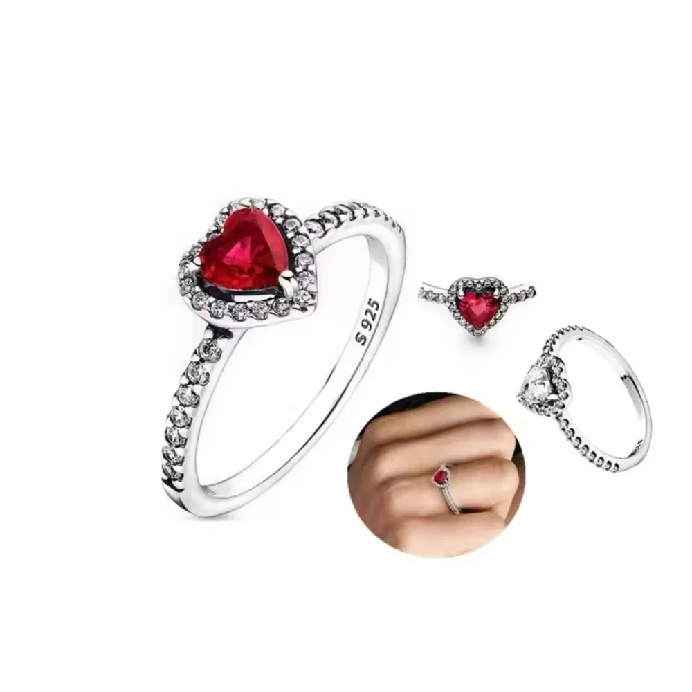 Elegant Silver Heart Ring with Red Gemstone size 9